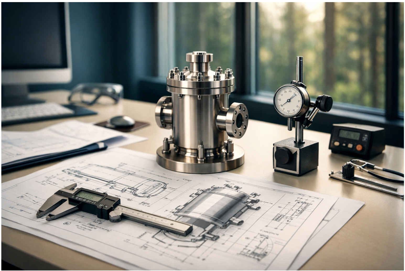 Engineering workspace with precision instruments and technical drawings
